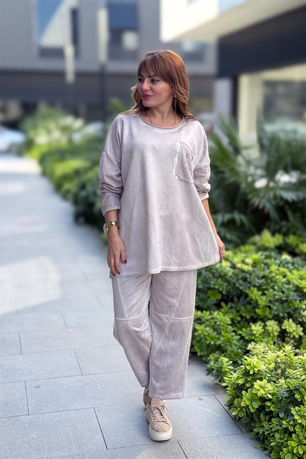 Gümüş Lak Detaylı Güderi Alt Üst Takım Taş Renk