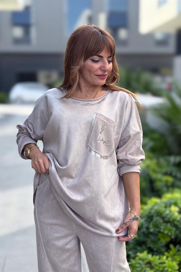 Gümüş Lak Detaylı Güderi Alt Üst Takım Taş Renk