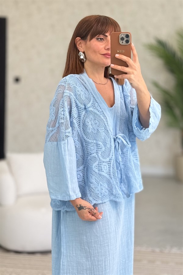 Güpür Ceket Takımlı Kolsuz Keten Elbiseli Bebe Mavi Renk