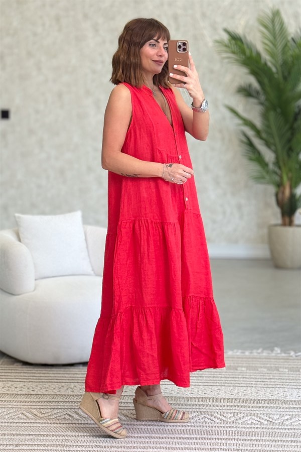 Hakim Yaka Düğmeli Kolsuz Keten Elbise Kırmızı Renk