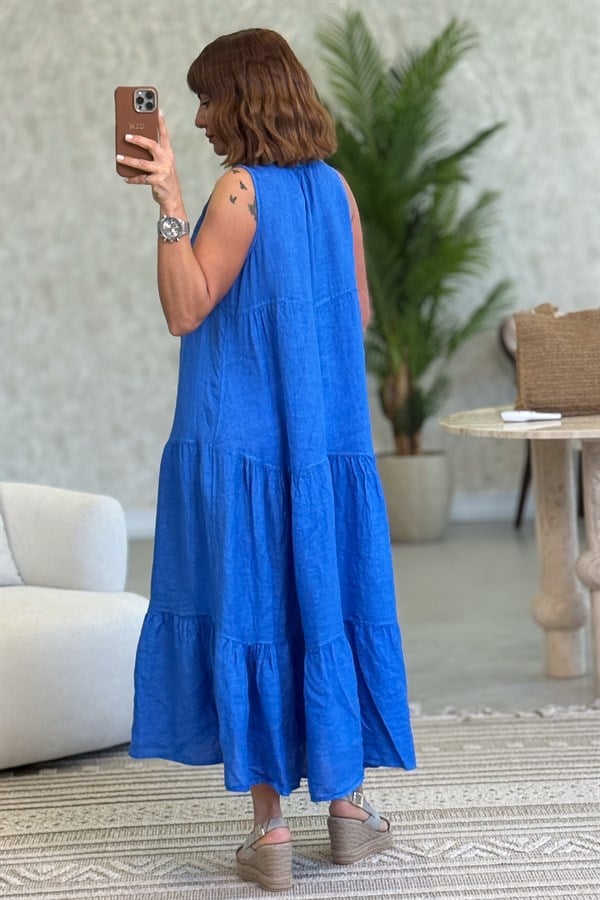 Hakim Yaka Düğmeli Kolsuz Keten Elbise Saks Renk