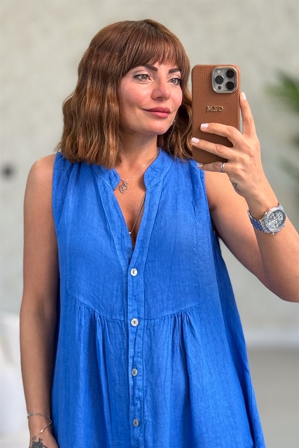 Hakim Yaka Düğmeli Kolsuz Keten Elbise Saks Renk