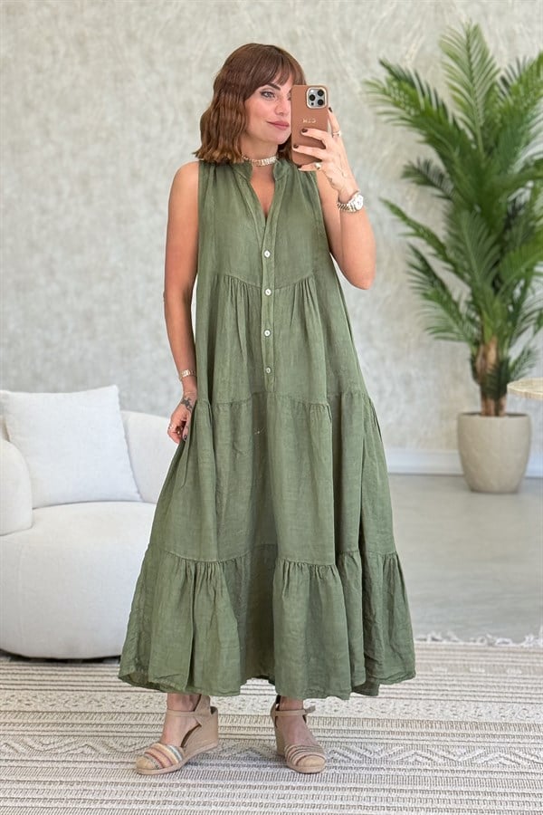 Hakim Yaka Düğmeli Kolsuz Keten Elbise Haki RenkELBİSE