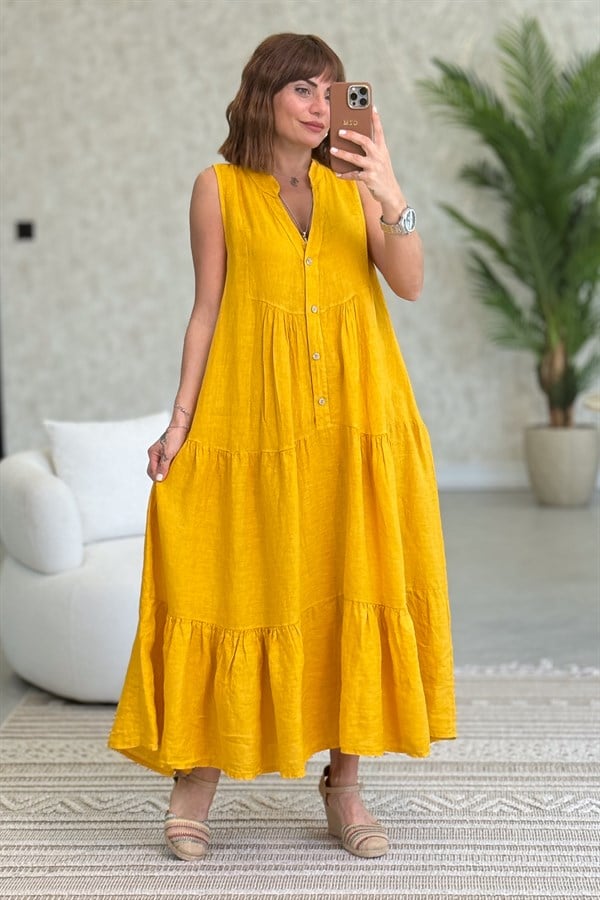 Hakim Yaka Düğmeli Kolsuz Keten Elbise Hardal RenkELBİSE