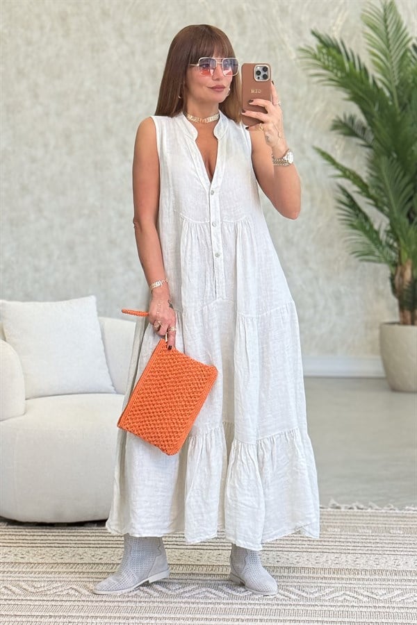 Hakim Yaka Düğmeli Kolsuz Keten Elbise Bej RenkELBİSE