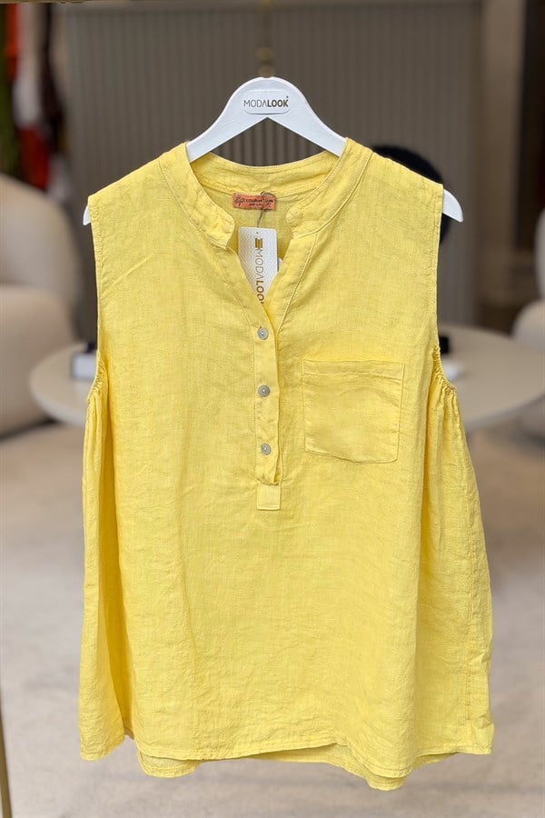 Hakim Yaka Tek Cepli 3 Düğmeli Kolsuz Keten Gömlek Sarı RenkGÖMLEK