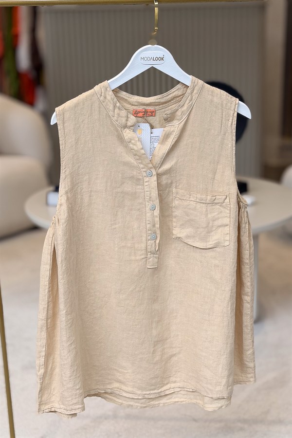 Hakim Yaka Tek Cepli 3 Düğmeli Kolsuz Keten Gömlek Camel RenkGÖMLEK