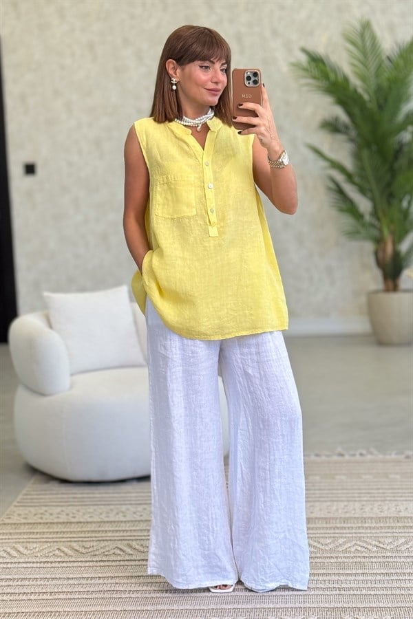 Hakim Yaka Tek Cepli 3 Düğmeli Kolsuz Keten Gömlek Sarı Renk