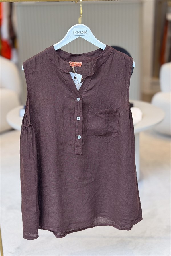 Hakim Yaka Tek Cepli 3 Düğmeli Kolsuz Keten Gömlek Acı Kahve RenkGÖMLEK