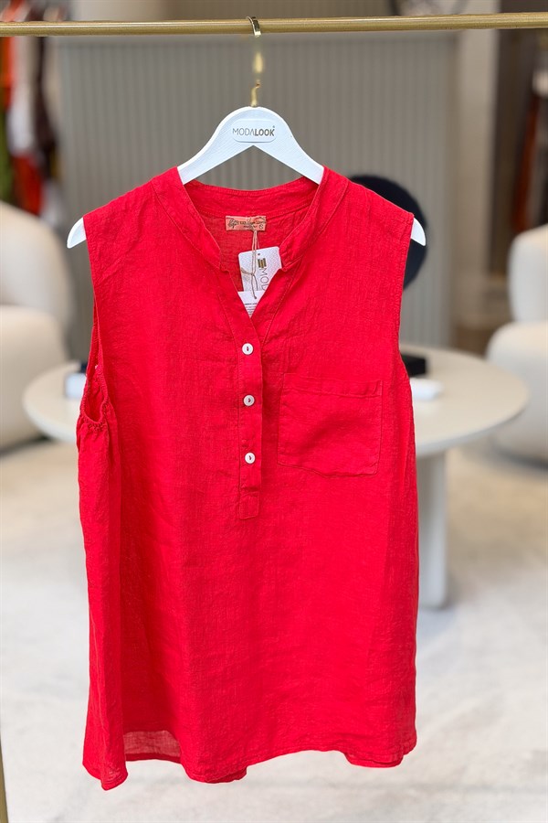 Hakim Yaka Tek Cepli 3 Düğmeli Kolsuz Keten Gömlek Kırmızı RenkGÖMLEK