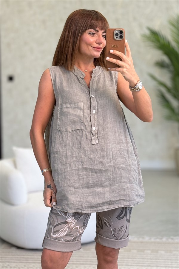 Hakim Yaka Tek Cepli 3 Düğmeli Kolsuz Keten Gömlek Vizon RenkGÖMLEK