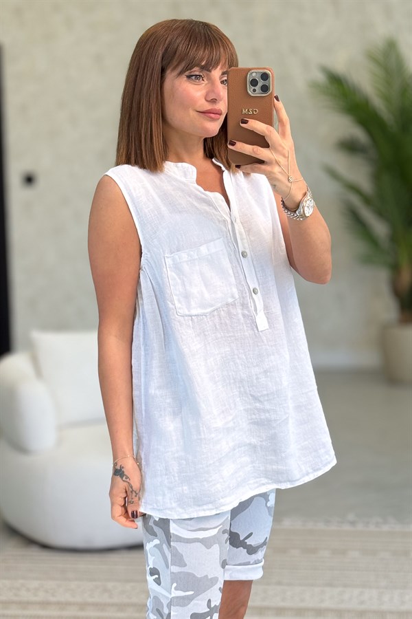 Hakim Yaka Tek Cepli 3 Düğmeli Kolsuz Keten Gömlek Beyaz Renk