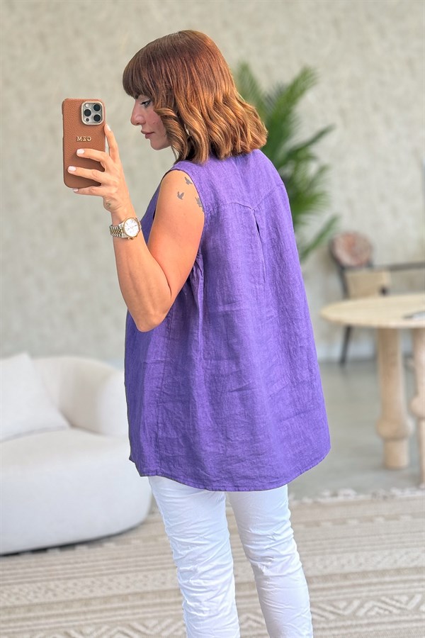 Hakim Yaka Tek Cepli 3 Düğmeli Kolsuz Keten Gömlek Mor Renk