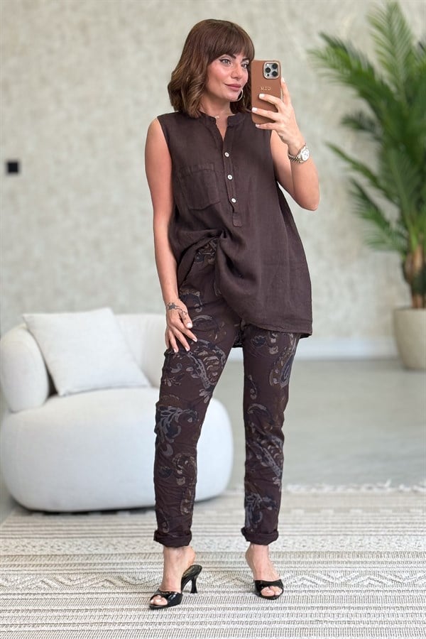 Hakim Yaka Tek Cepli 3 Düğmeli Kolsuz Keten Gömlek Acı Kahve Renk