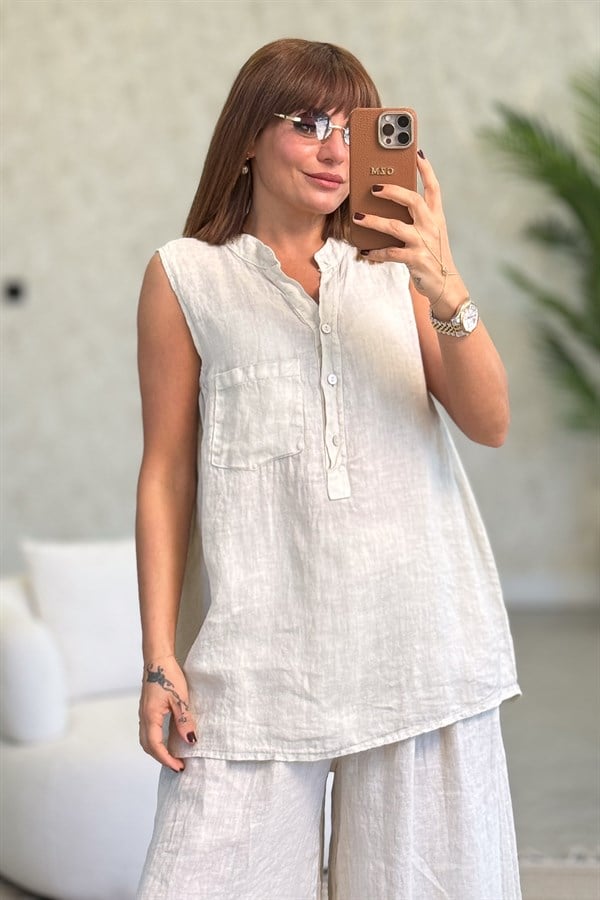 Hakim Yaka Tek Cepli 3 Düğmeli Kolsuz Keten Gömlek Bej Renk