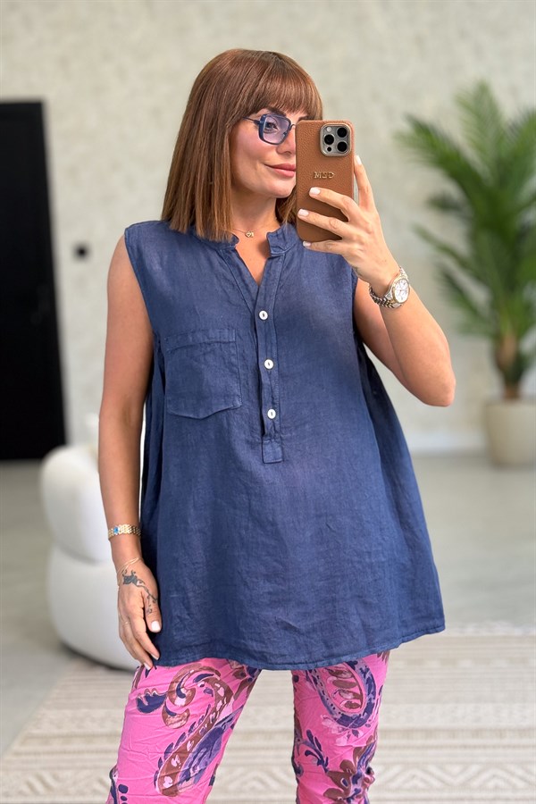 Hakim Yaka Tek Cepli 3 Düğmeli Kolsuz Keten Gömlek Lacivert RenkGÖMLEK