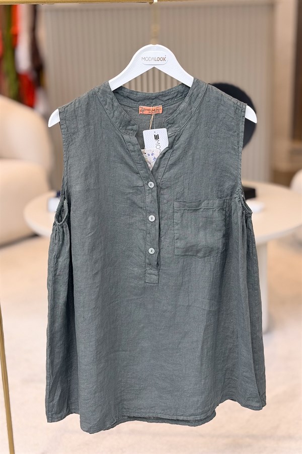 Hakim Yaka Tek Cepli 3 Düğmeli Kolsuz Keten Gömlek Haki RenkGÖMLEK