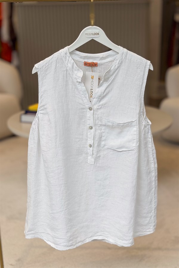 Hakim Yaka Tek Cepli 3 Düğmeli Kolsuz Keten Gömlek Beyaz RenkGÖMLEK