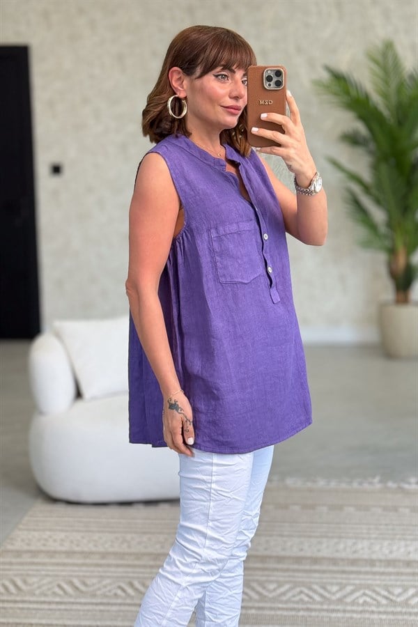 Hakim Yaka Tek Cepli 3 Düğmeli Kolsuz Keten Gömlek Mor Renk