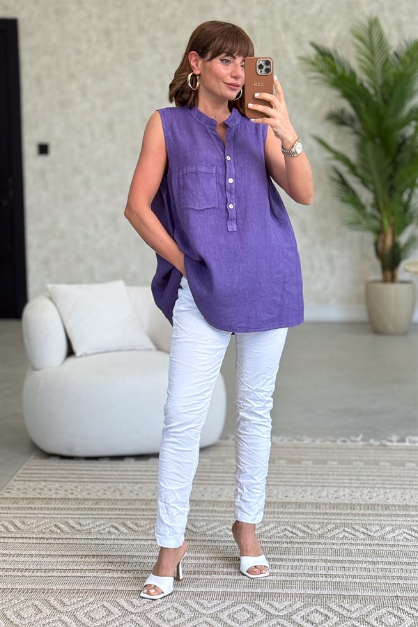 Hakim Yaka Tek Cepli 3 Düğmeli Kolsuz Keten Gömlek Mor Renk