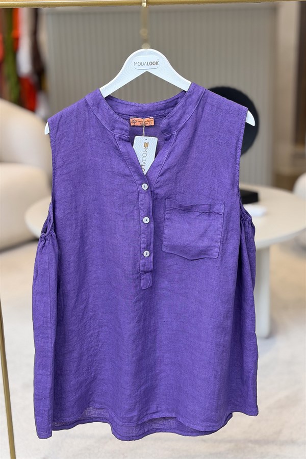 Hakim Yaka Tek Cepli 3 Düğmeli Kolsuz Keten Gömlek Mor Renk