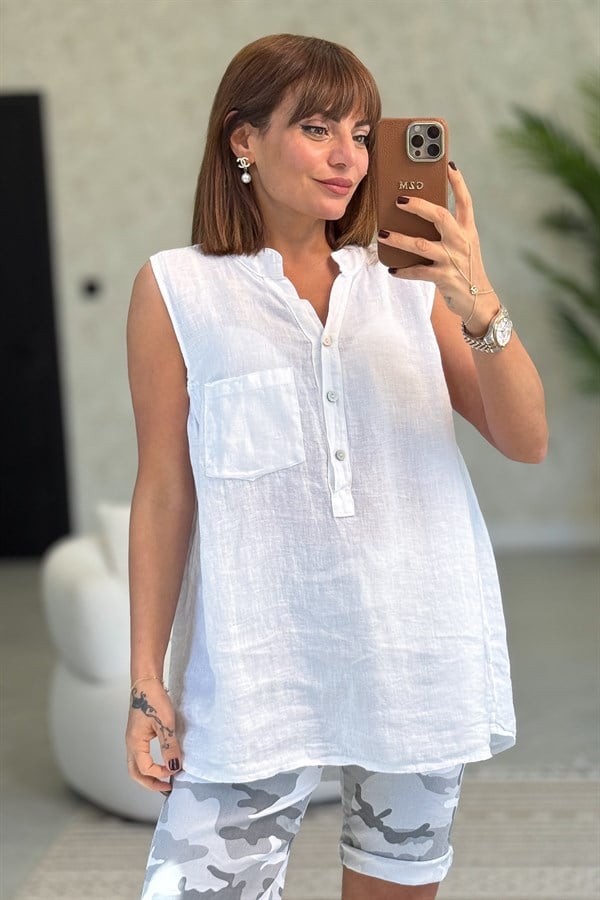 Hakim Yaka Tek Cepli 3 Düğmeli Kolsuz Keten Gömlek Beyaz Renk