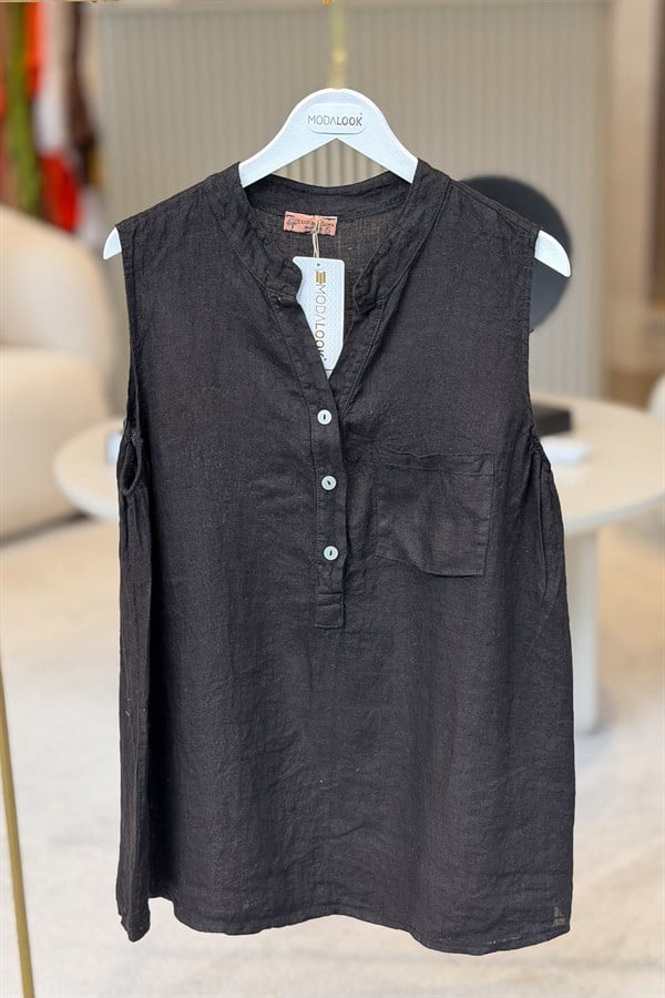 Hakim Yaka Tek Cepli 3 Düğmeli Kolsuz Keten Gömlek Siyah RenkGÖMLEK