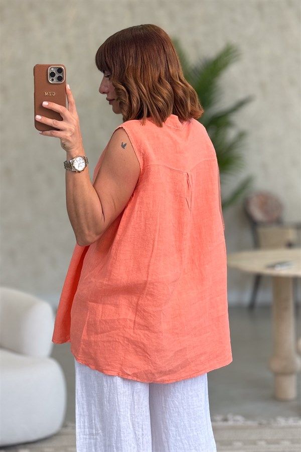 Hakim Yaka Tek Cepli 3 Düğmeli Kolsuz Keten Gömlek Mercan Renk