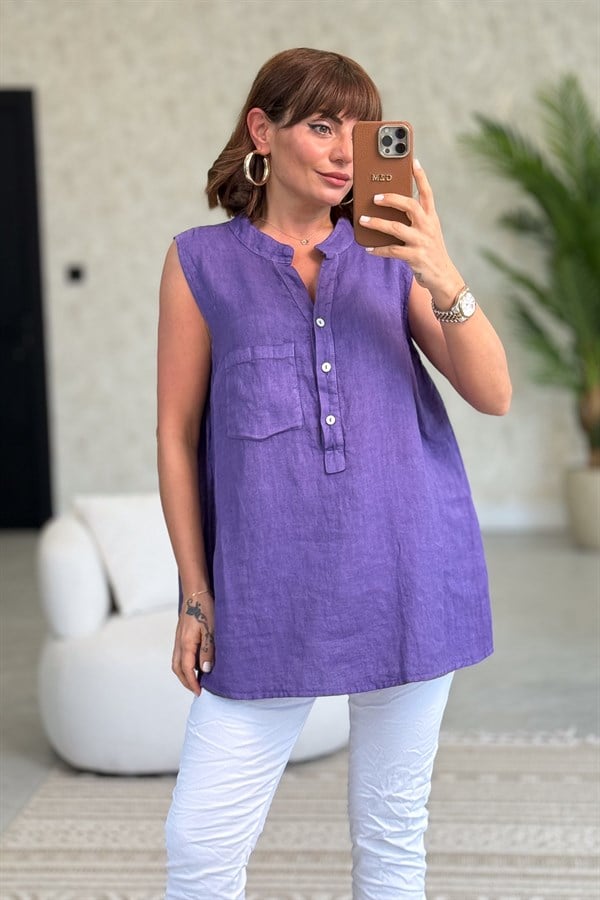 Hakim Yaka Tek Cepli 3 Düğmeli Kolsuz Keten Gömlek Mor RenkGÖMLEK