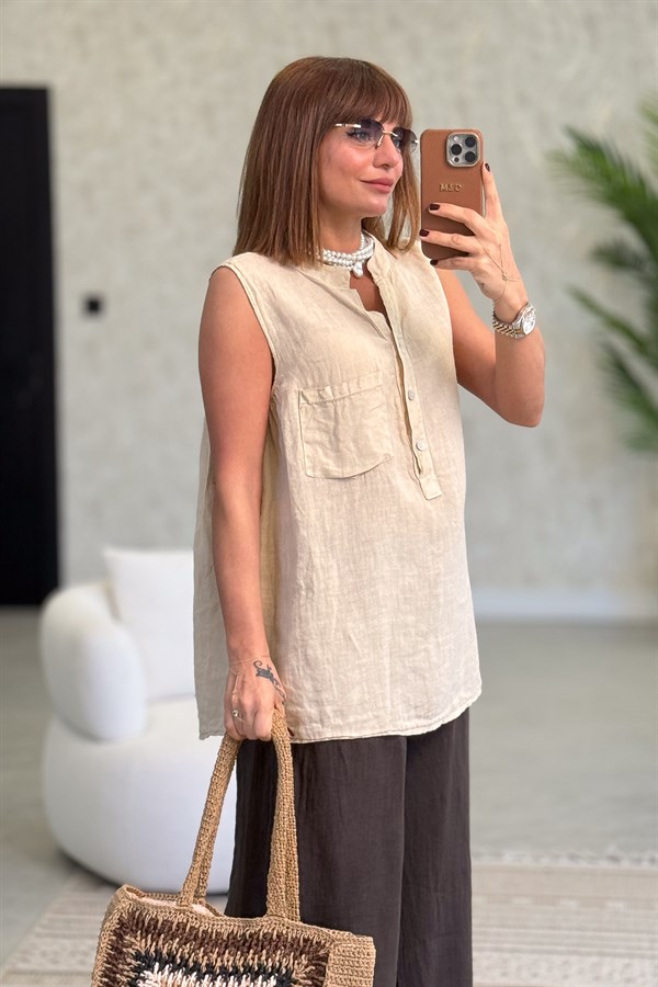 Hakim Yaka Tek Cepli 3 Düğmeli Kolsuz Keten Gömlek Camel Renk