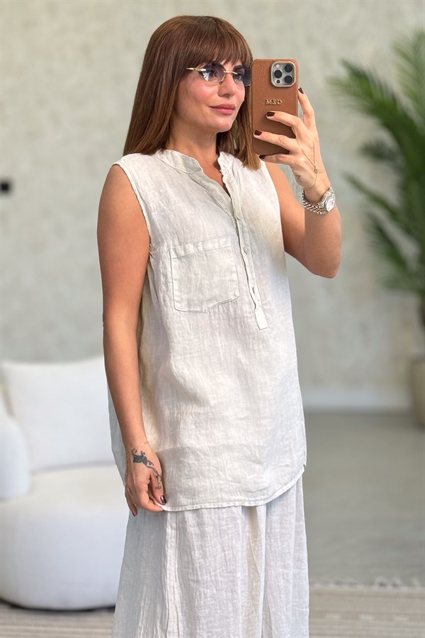 Hakim Yaka Tek Cepli 3 Düğmeli Kolsuz Keten Gömlek Bej Renk