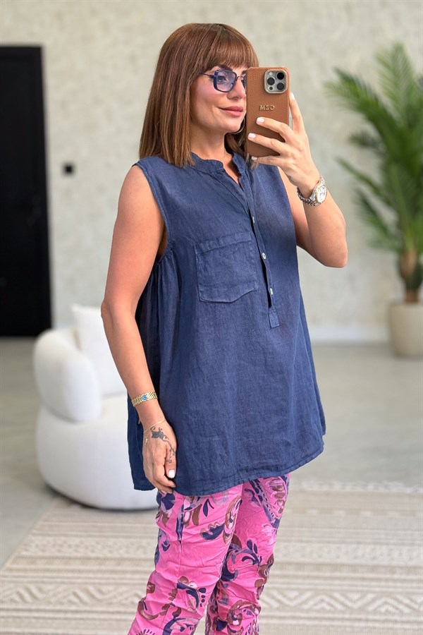 Hakim Yaka Tek Cepli 3 Düğmeli Kolsuz Keten Gömlek Lacivert Renk