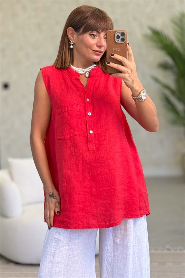 Hakim Yaka Tek Cepli 3 Düğmeli Kolsuz Keten Gömlek Kırmızı Renk