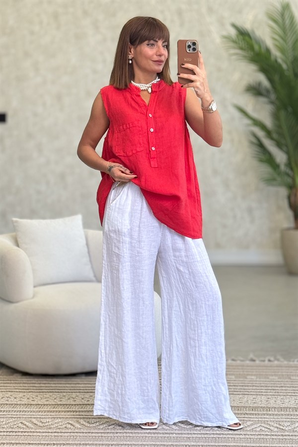 Hakim Yaka Tek Cepli 3 Düğmeli Kolsuz Keten Gömlek Kırmızı Renk