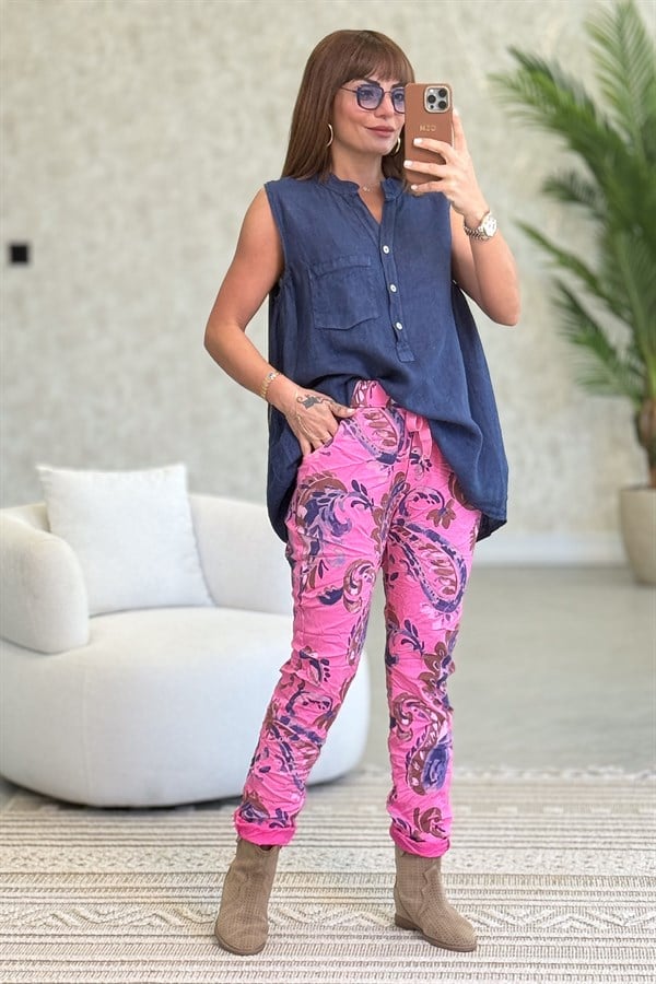 Hakim Yaka Tek Cepli 3 Düğmeli Kolsuz Keten Gömlek Lacivert Renk