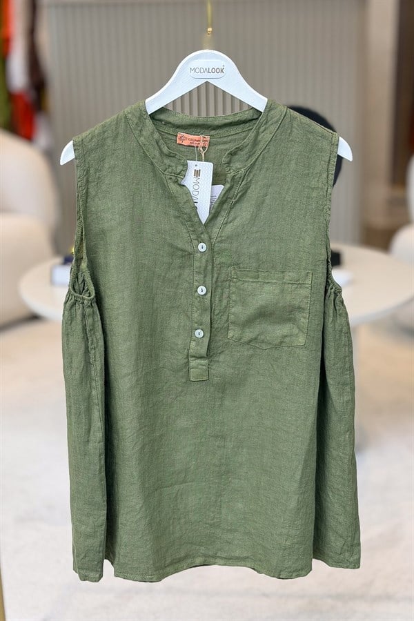 Hakim Yaka Tek Cepli 3 Düğmeli Kolsuz Keten Gömlek Fıstık Yeşil RenkGÖMLEK