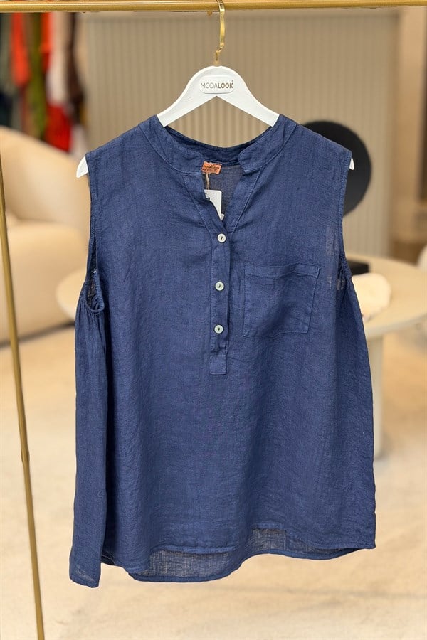 Hakim Yaka Tek Cepli 3 Düğmeli Kolsuz Keten Gömlek Lacivert Renk