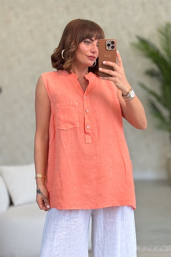 Hakim Yaka Tek Cepli 3 Düğmeli Kolsuz Keten Gömlek Mercan RenkGÖMLEK