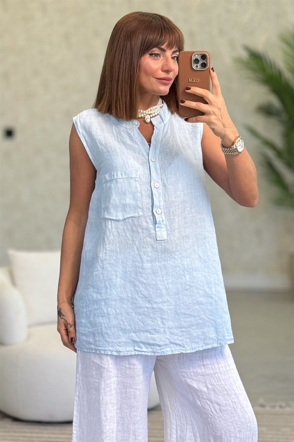 Hakim Yaka Tek Cepli 3 Düğmeli Kolsuz Keten Gömlek Bebe Mavi Renk