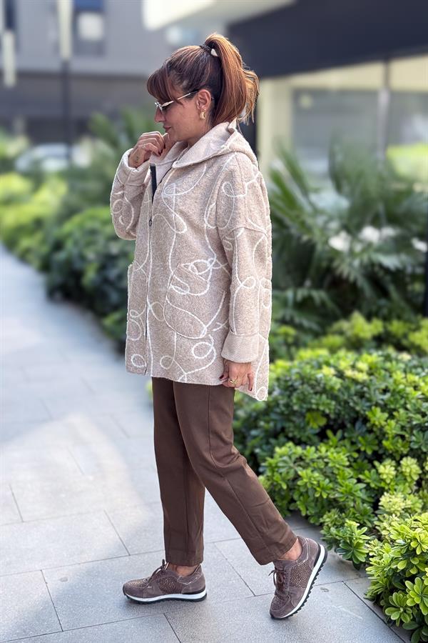 Halat Çizgiler Detaylı Keçe Kaban Bej Renk