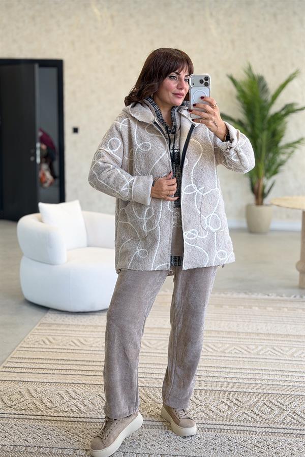 Halat Çizgiler Detaylı Keçe Kaban Bej Renk