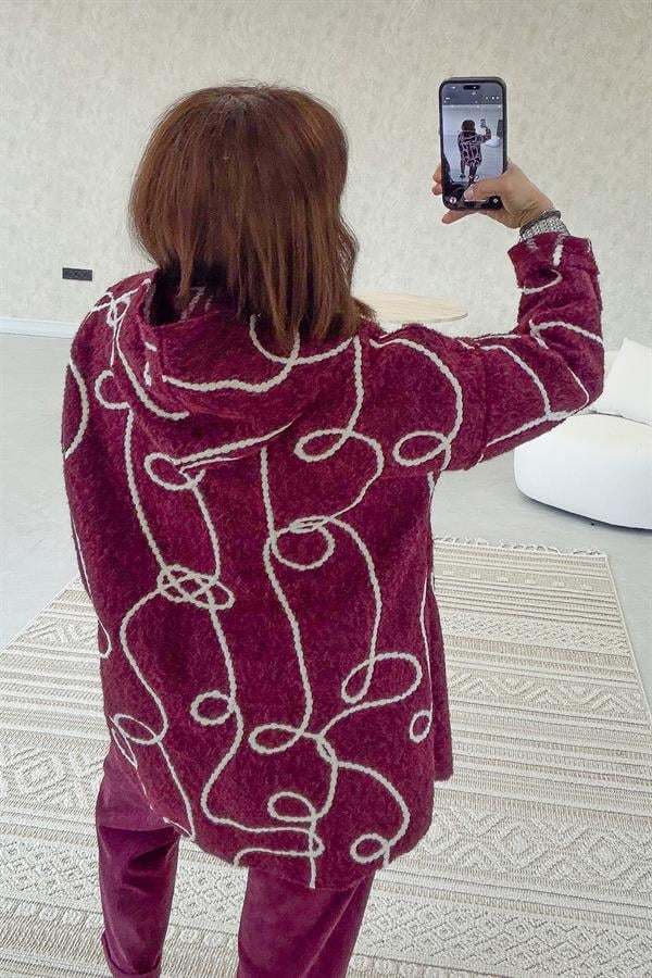 Halat Çizgiler Detaylı Keçe Kaban Bordo Renk