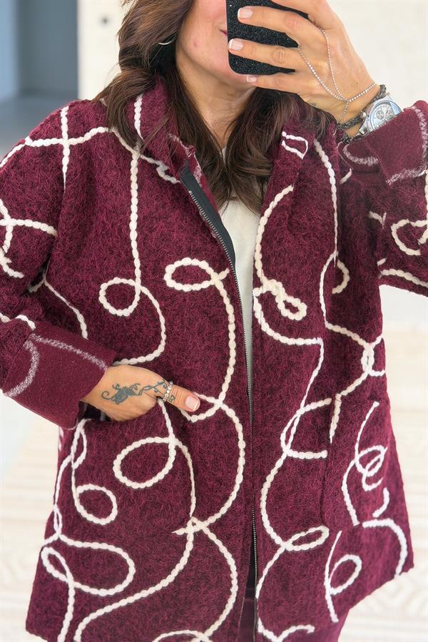 Halat Çizgiler Detaylı Keçe Kaban Bordo Renk