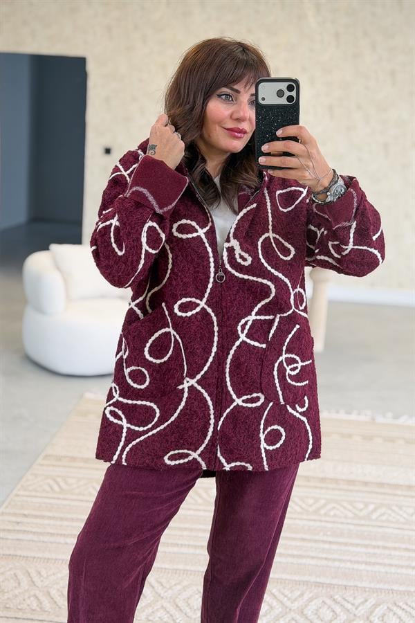 Halat Çizgiler Detaylı Keçe Kaban Bordo Renk