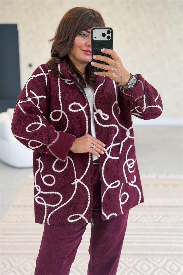 Halat Çizgiler Detaylı Keçe Kaban Bordo Renk