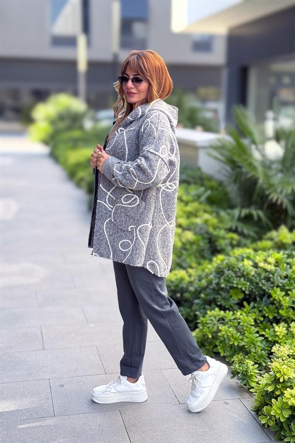 Halat Çizgiler Detaylı Keçe Kaban Gri Renk