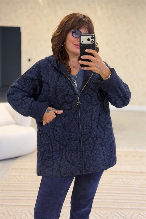 Halat Çizgiler Detaylı Keçe Kaban Lacivert Renk