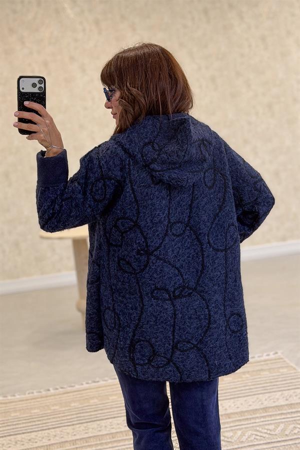 Halat Çizgiler Detaylı Keçe Kaban Lacivert Renk