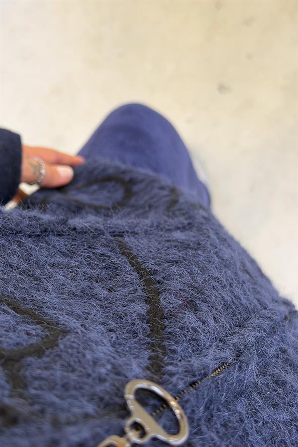 Halat Çizgiler Detaylı Keçe Kaban Lacivert Renk