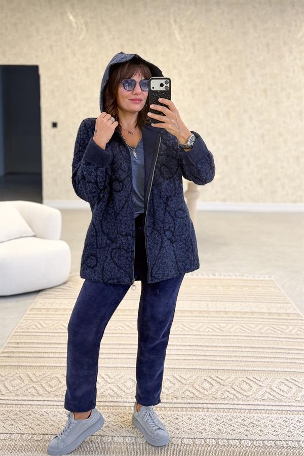 Halat Çizgiler Detaylı Keçe Kaban Lacivert Renk